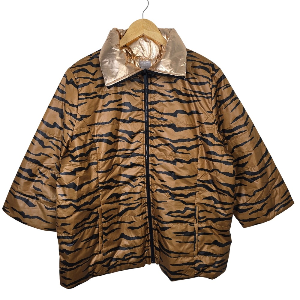 Chicos Zenergy Tiger Print Puffer Jacket Champagne Gold Metallic Lining Size 3
